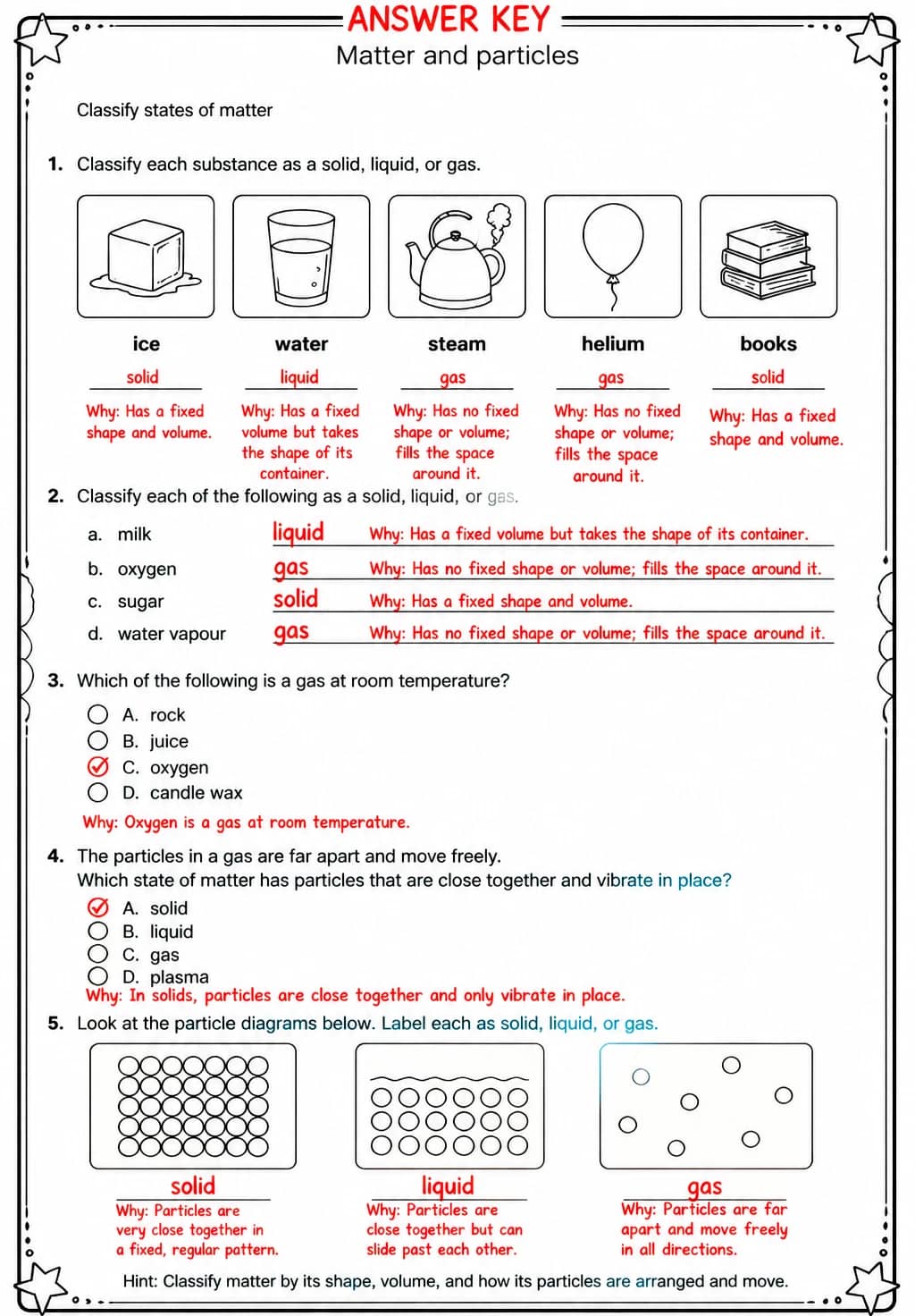 Answer key for Classify states of matter — free printable Science worksheet