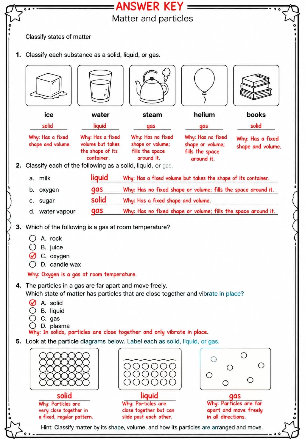 Answer key for Classify states of matter — free printable Science worksheet