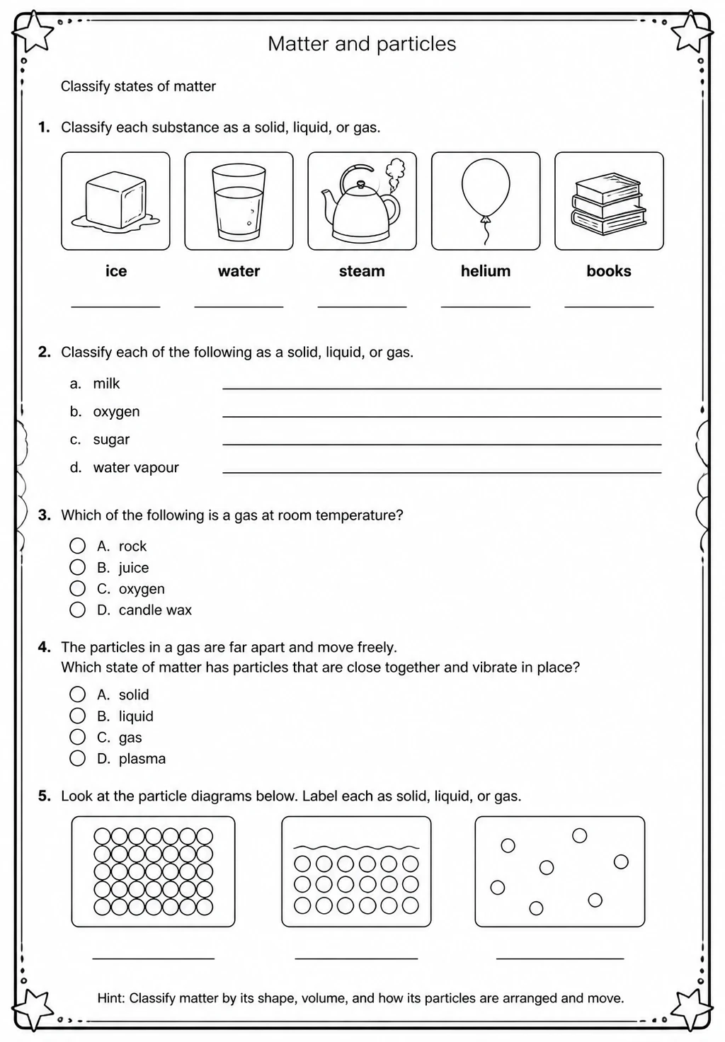 Classify states of matter — free printable Middle School Science worksheet
