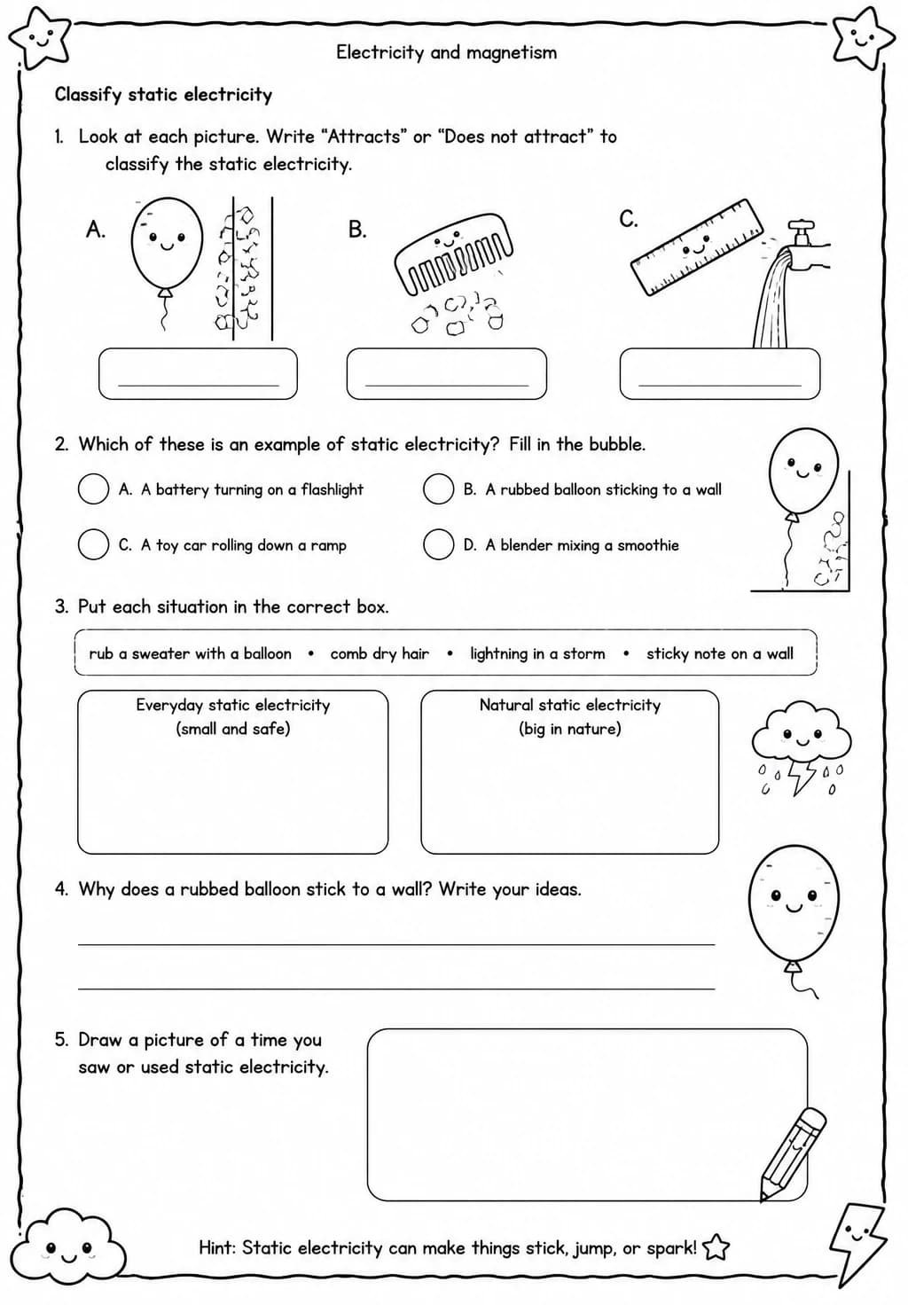 Classify static electricity — free printable Grade 3 Science worksheet