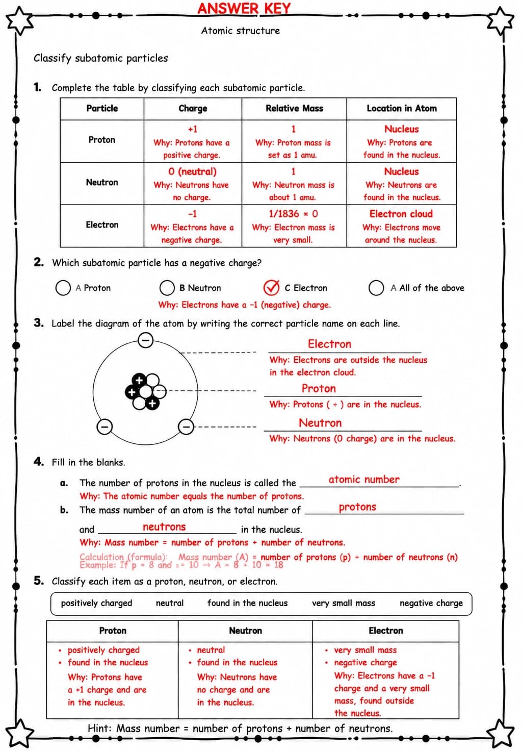 Answer key for Classify subatomic particles — free printable Science worksheet