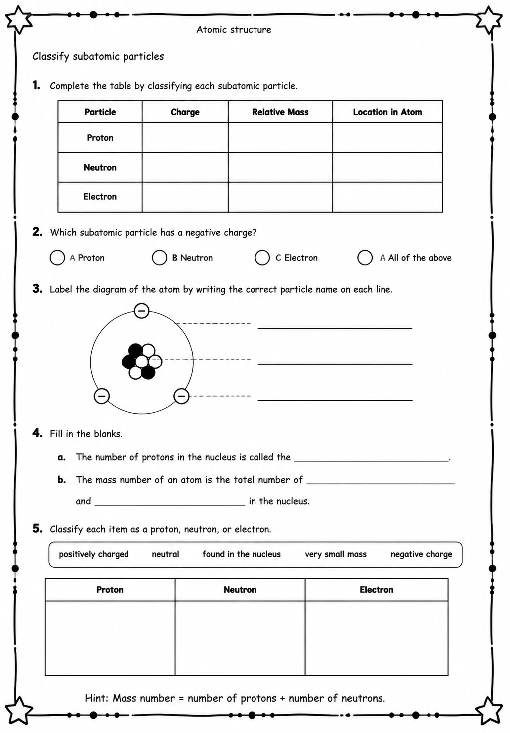Classify subatomic particles — free printable High School Science worksheet