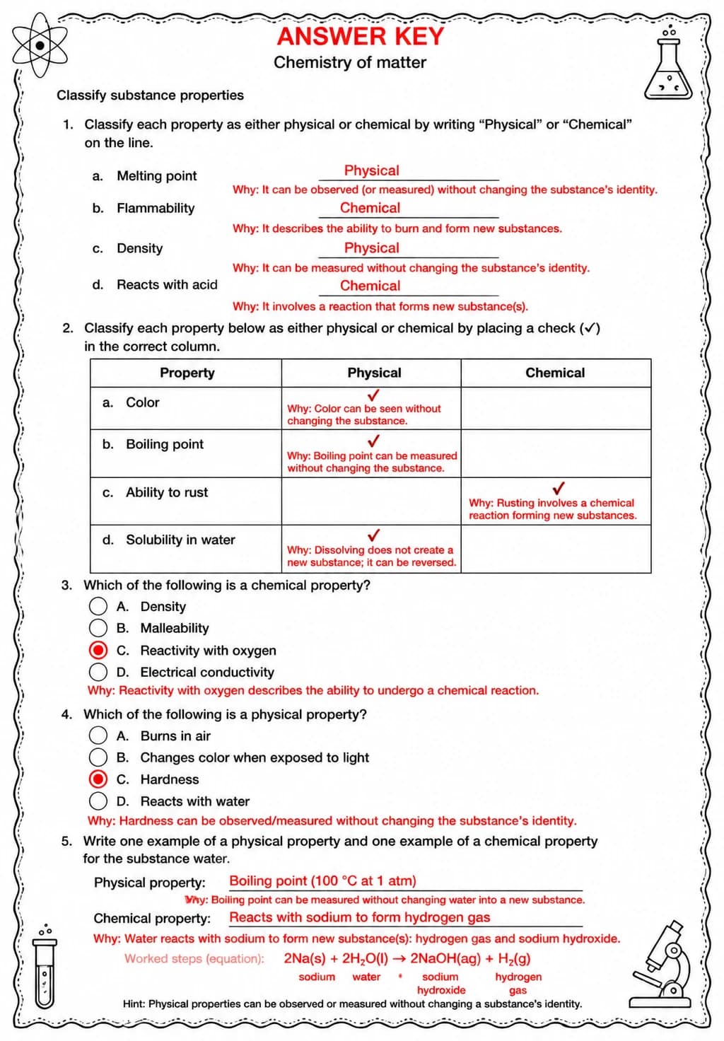Answer key for Classify substance properties — free printable Science worksheet