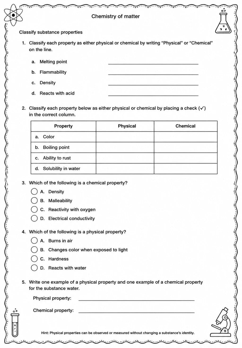 Classify substance properties — free printable Middle School Science worksheet