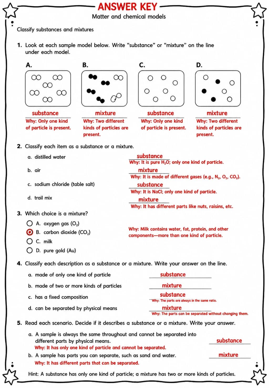Answer key for Classify substances and mixtures — free printable Science worksheet