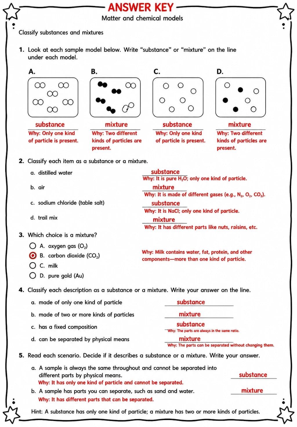 Answer key for Classify substances and mixtures — free printable Science worksheet