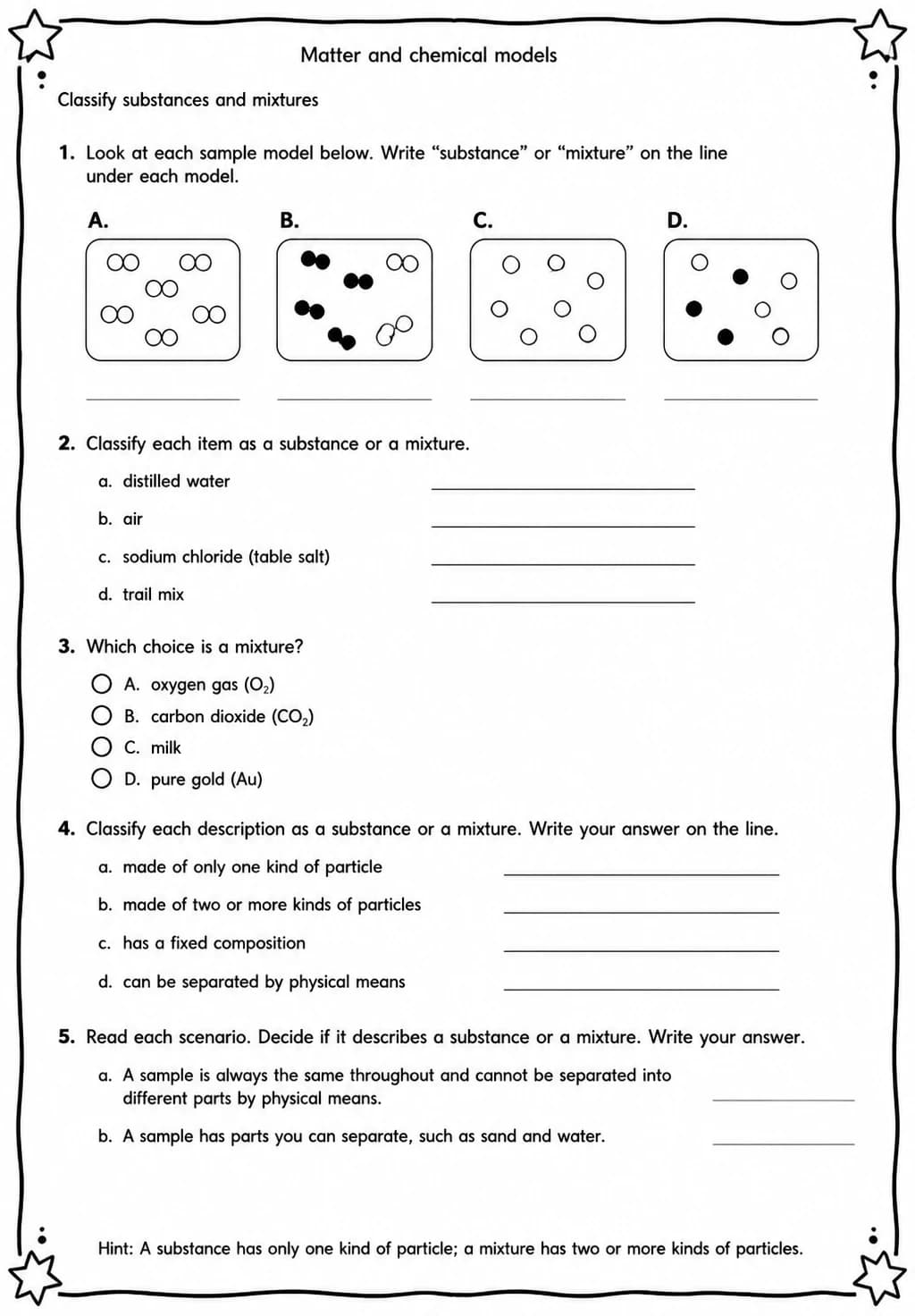 Classify substances and mixtures — free printable Grade 5 Science worksheet
