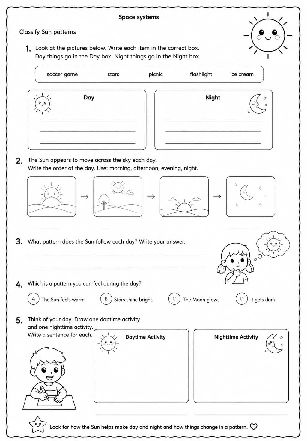 Classify Sun patterns — free printable Grade 3 Science worksheet