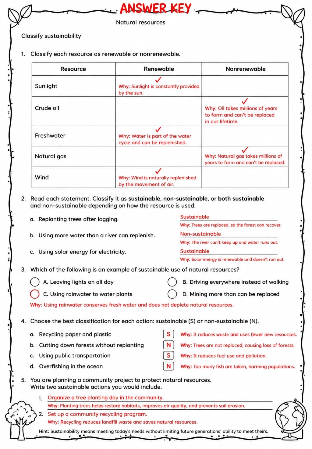 Answer key for Classify sustainability — free printable Science worksheet