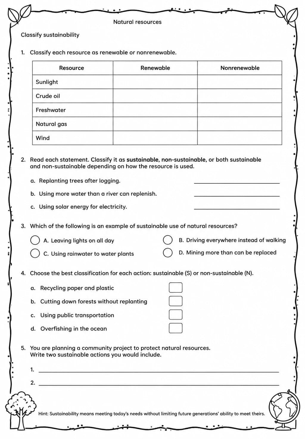 Classify sustainability — free printable Middle School Science worksheet