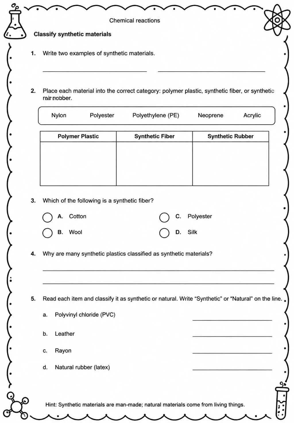Classify synthetic materials — free printable Middle School Science worksheet
