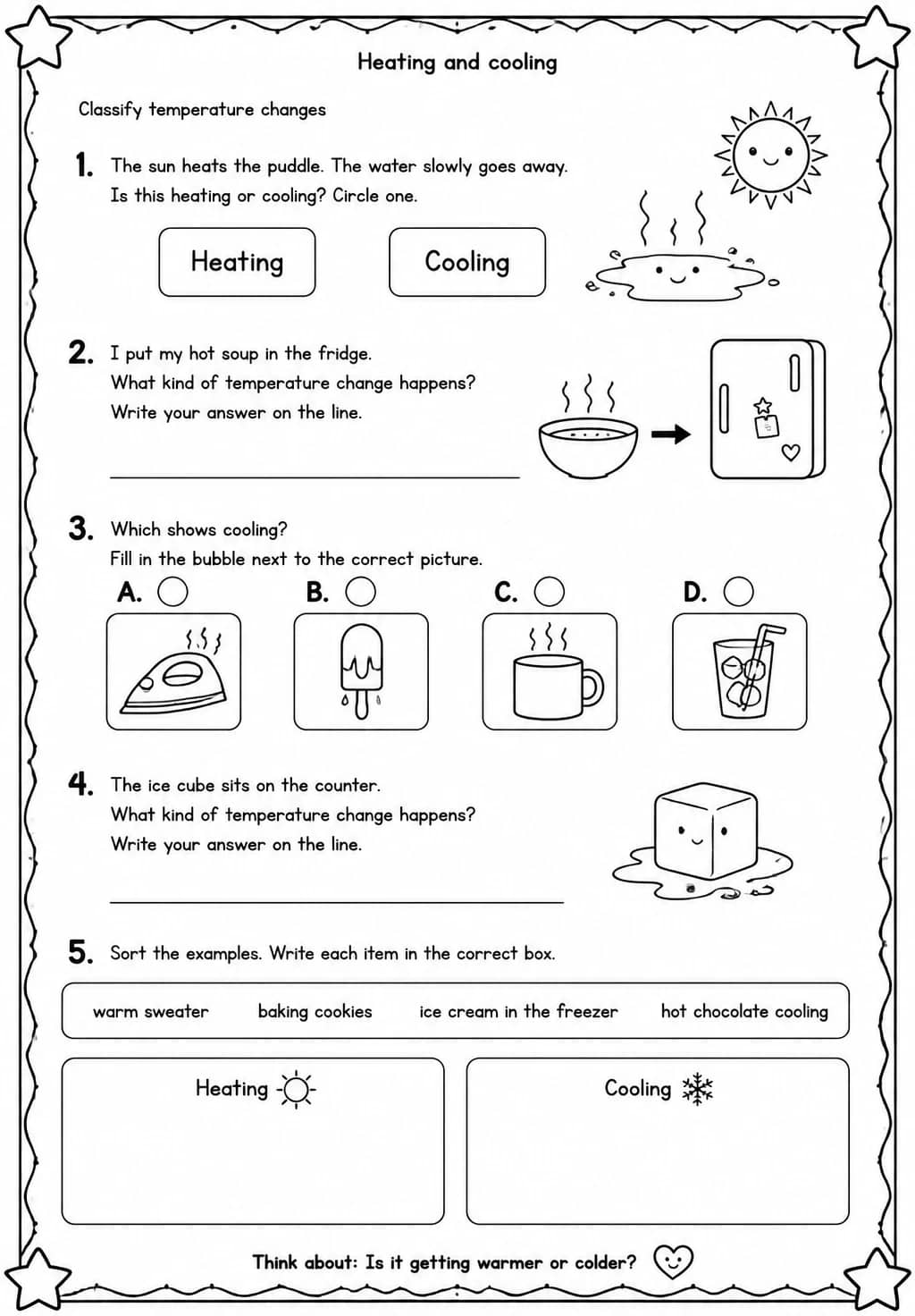 Classify temperature changes — free printable Grade 1 Science worksheet