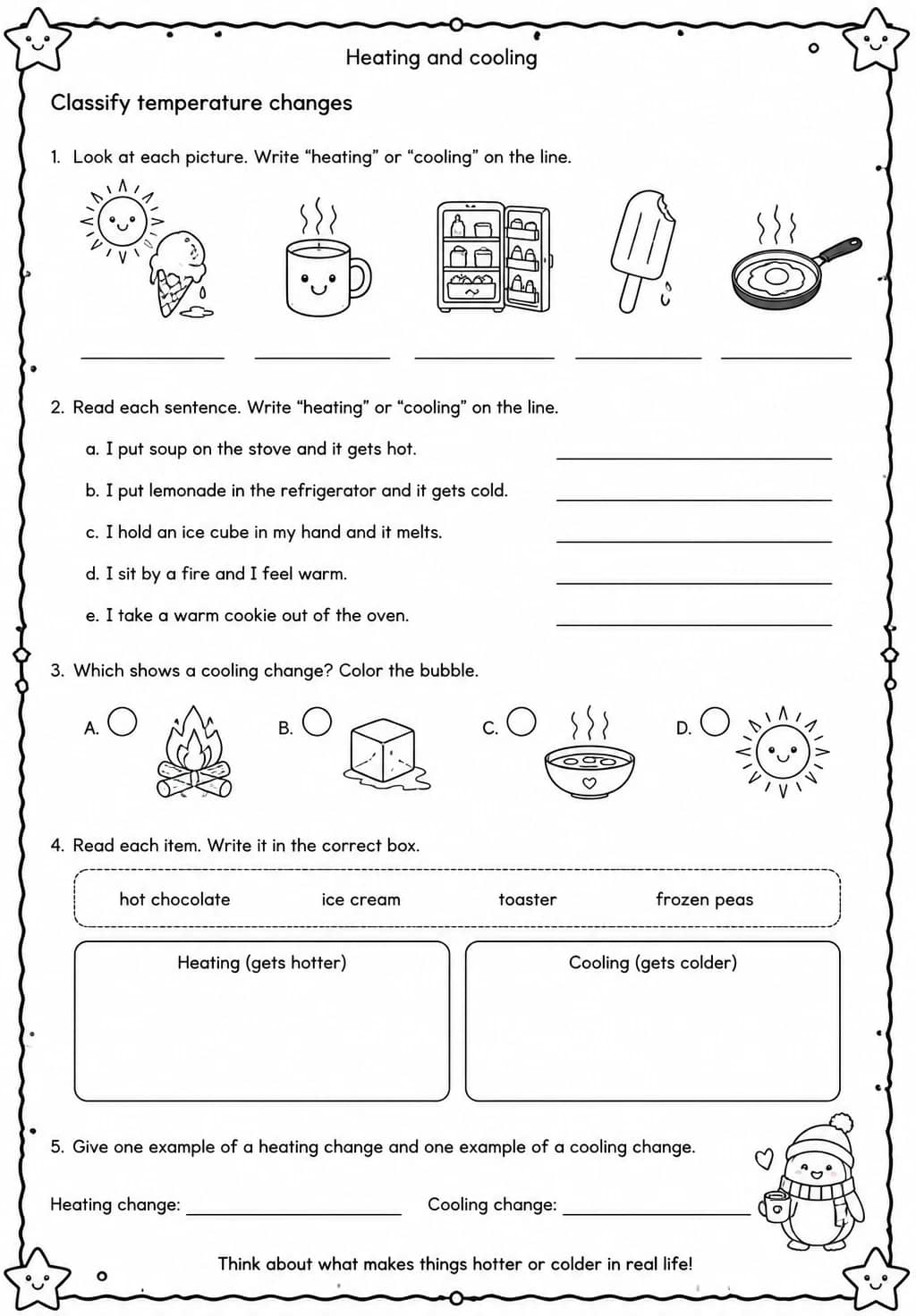 Classify temperature changes — free printable Grade 2 Science worksheet