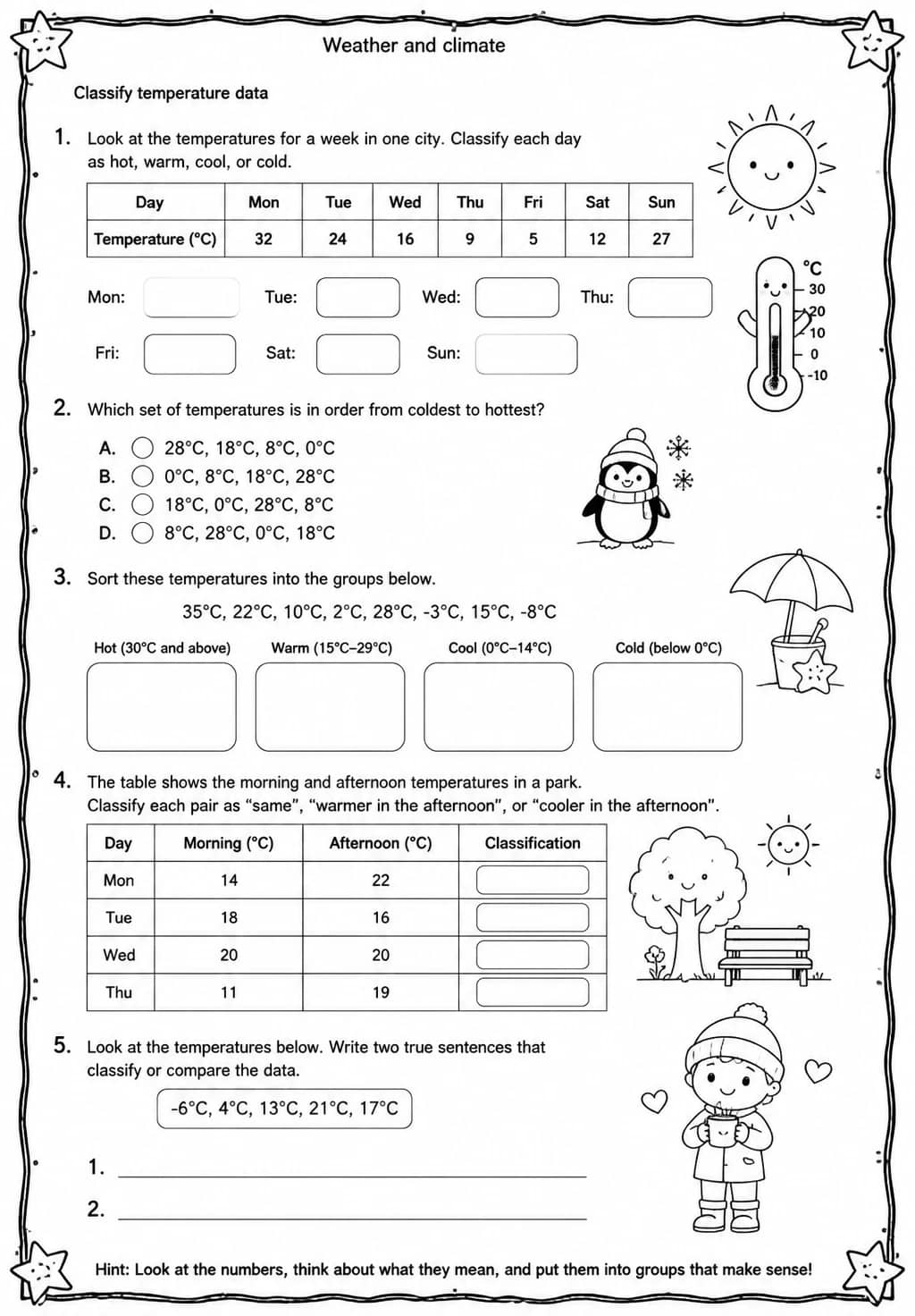 Classify temperature data — free printable Grade 3 Science worksheet