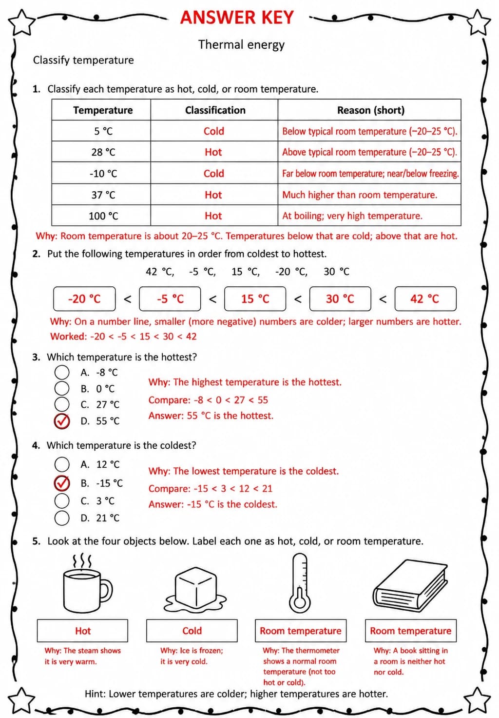 Answer key for Classify temperature — free printable Science worksheet