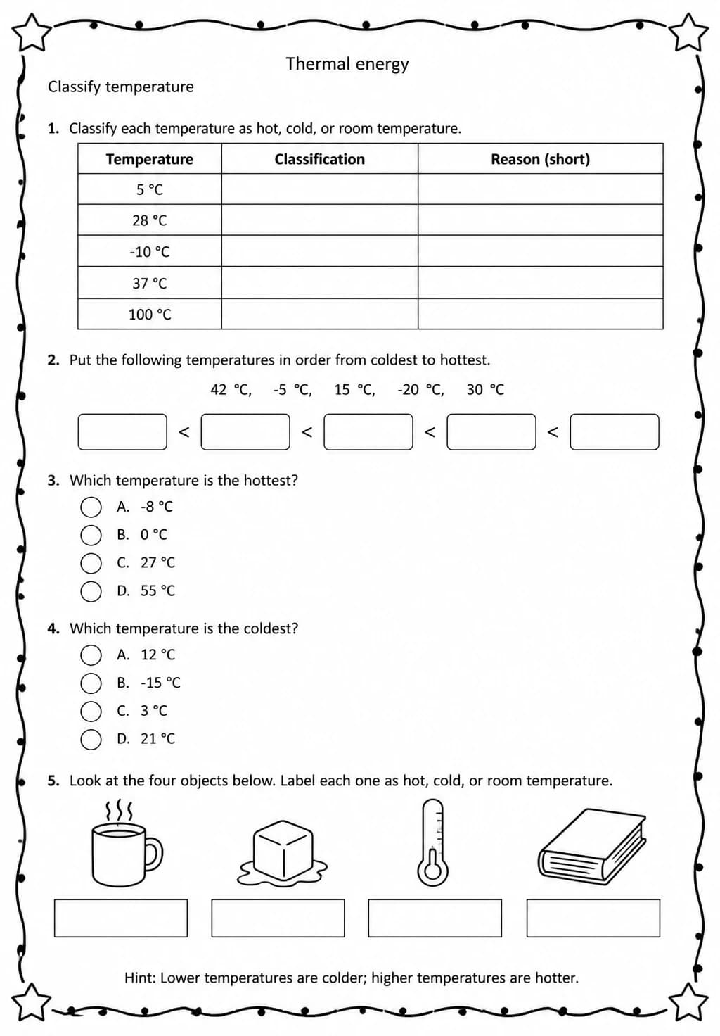 Classify temperature — free printable Middle School Science worksheet