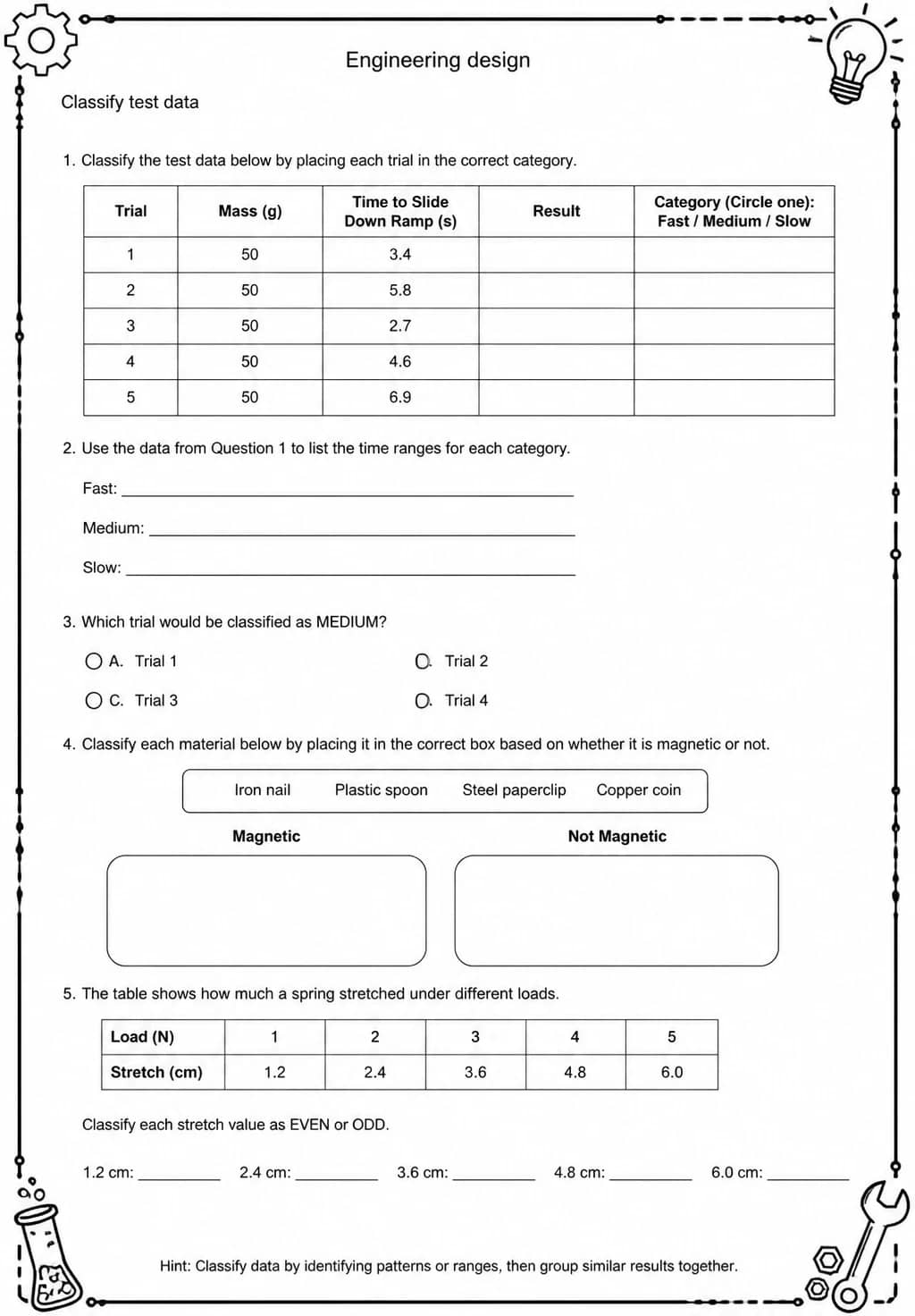 Classify test data — free printable Middle School Science worksheet