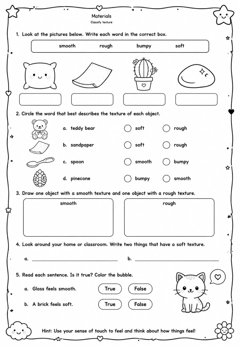 Classify texture — free printable Grade 1 Science worksheet