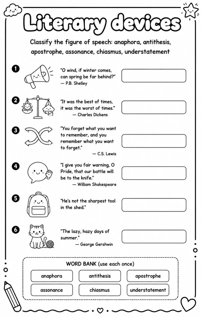 Classify the figure of speech: anaphora, antithesis, apostrophe, assonance, chiasmus, understatement — free printable Reading strategies English worksheet
