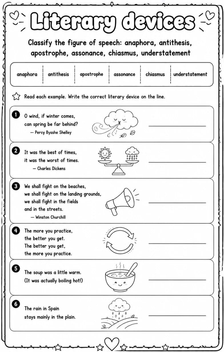 Classify the figure of speech: anaphora, antithesis, apostrophe, assonance, chiasmus, understatement — free printable Reading strategies English worksheet