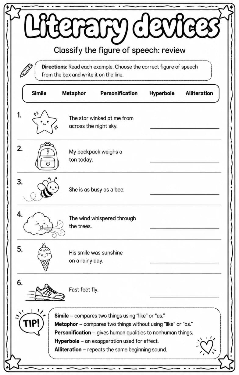 Classify the figure of speech: review — free printable Reading strategies English worksheet
