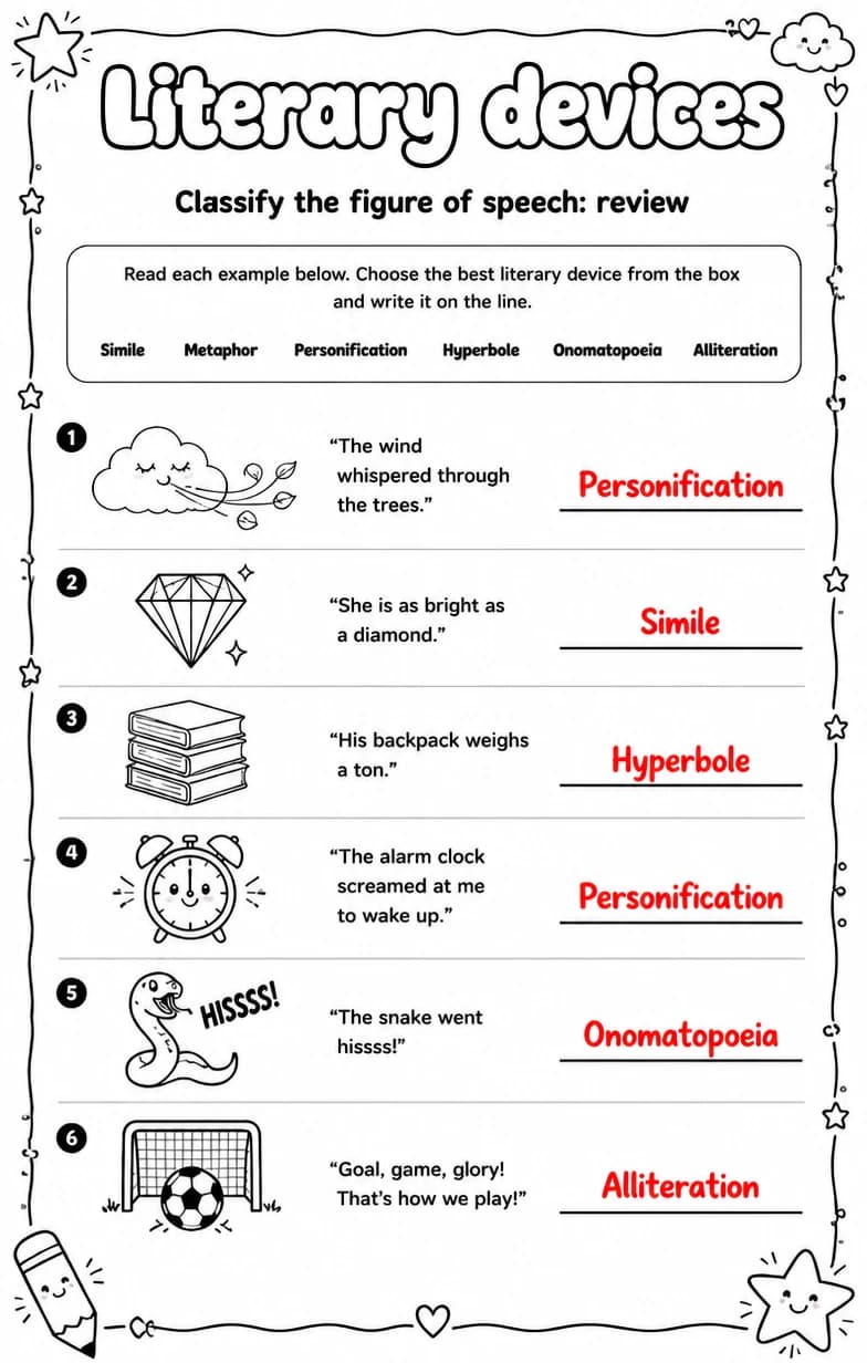 Answer key for Classify the figure of speech: review — free printable English & Reading worksheet