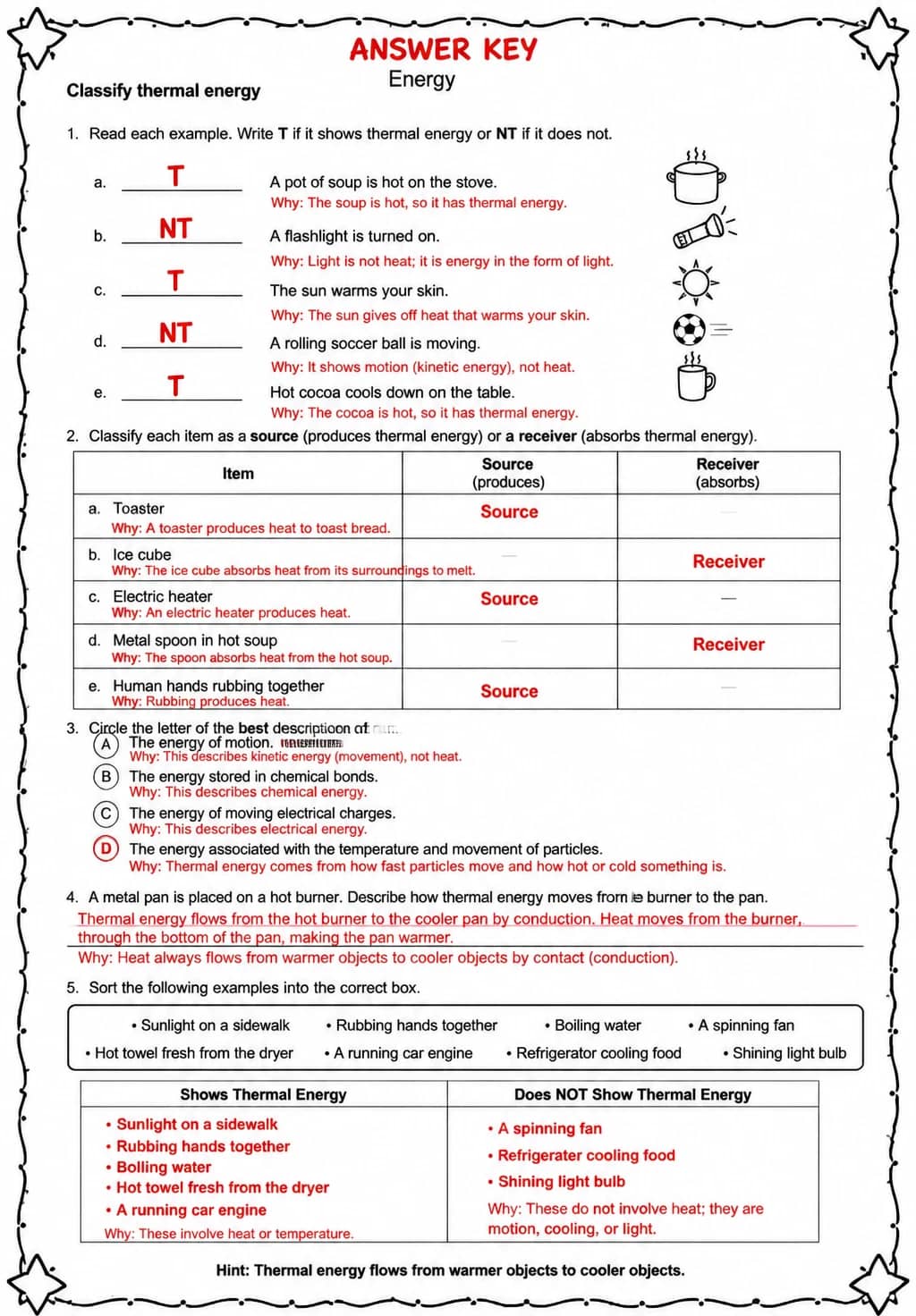 Answer key for Classify thermal energy — free printable Science worksheet