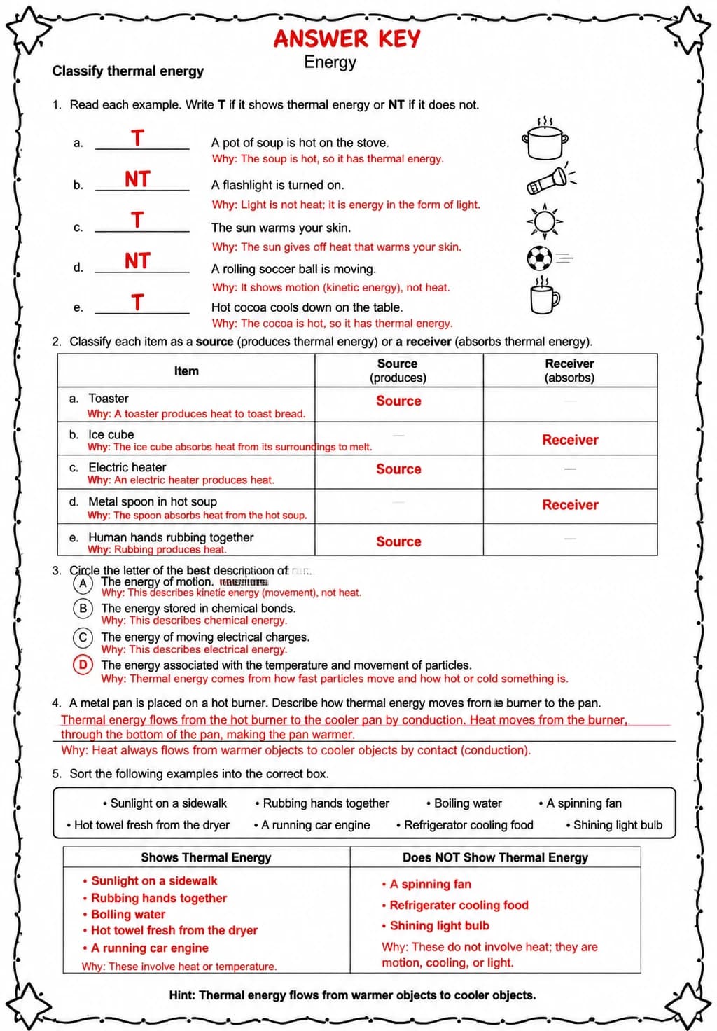 Answer key for Classify thermal energy — free printable Science worksheet