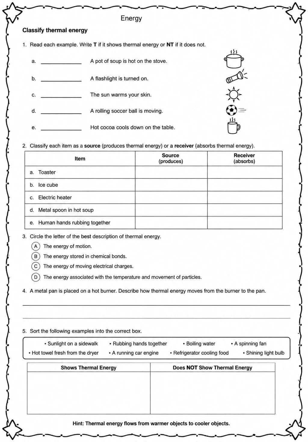 Classify thermal energy — free printable Grade 5 Science worksheet