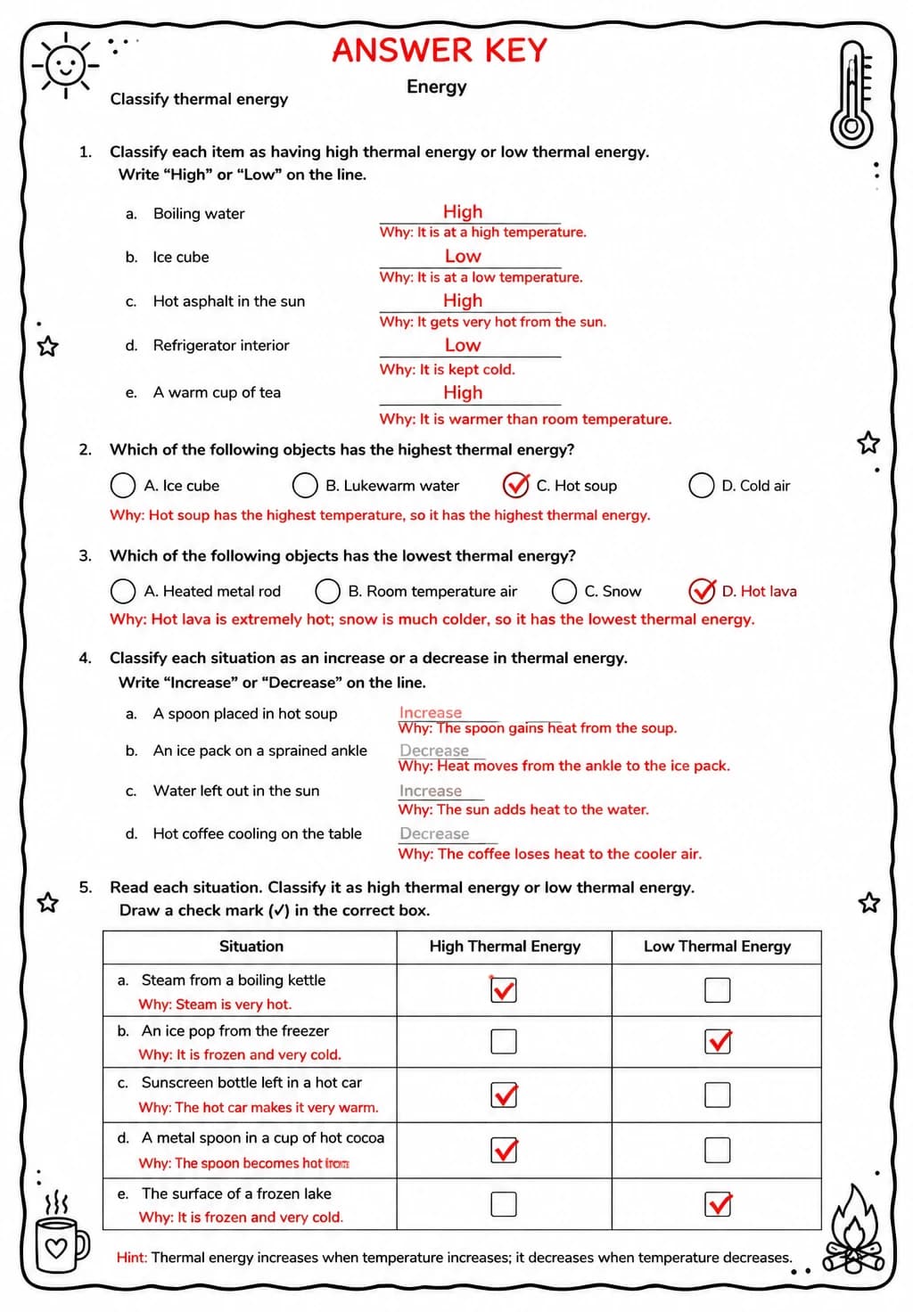 Answer key for Classify thermal energy — free printable Science worksheet