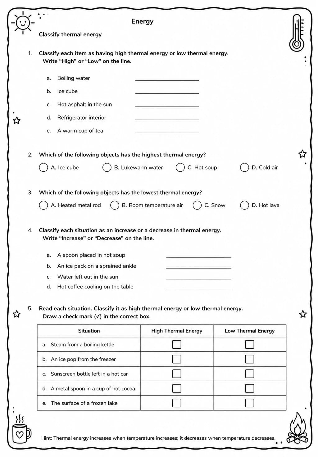 Classify thermal energy — free printable Middle School Science worksheet