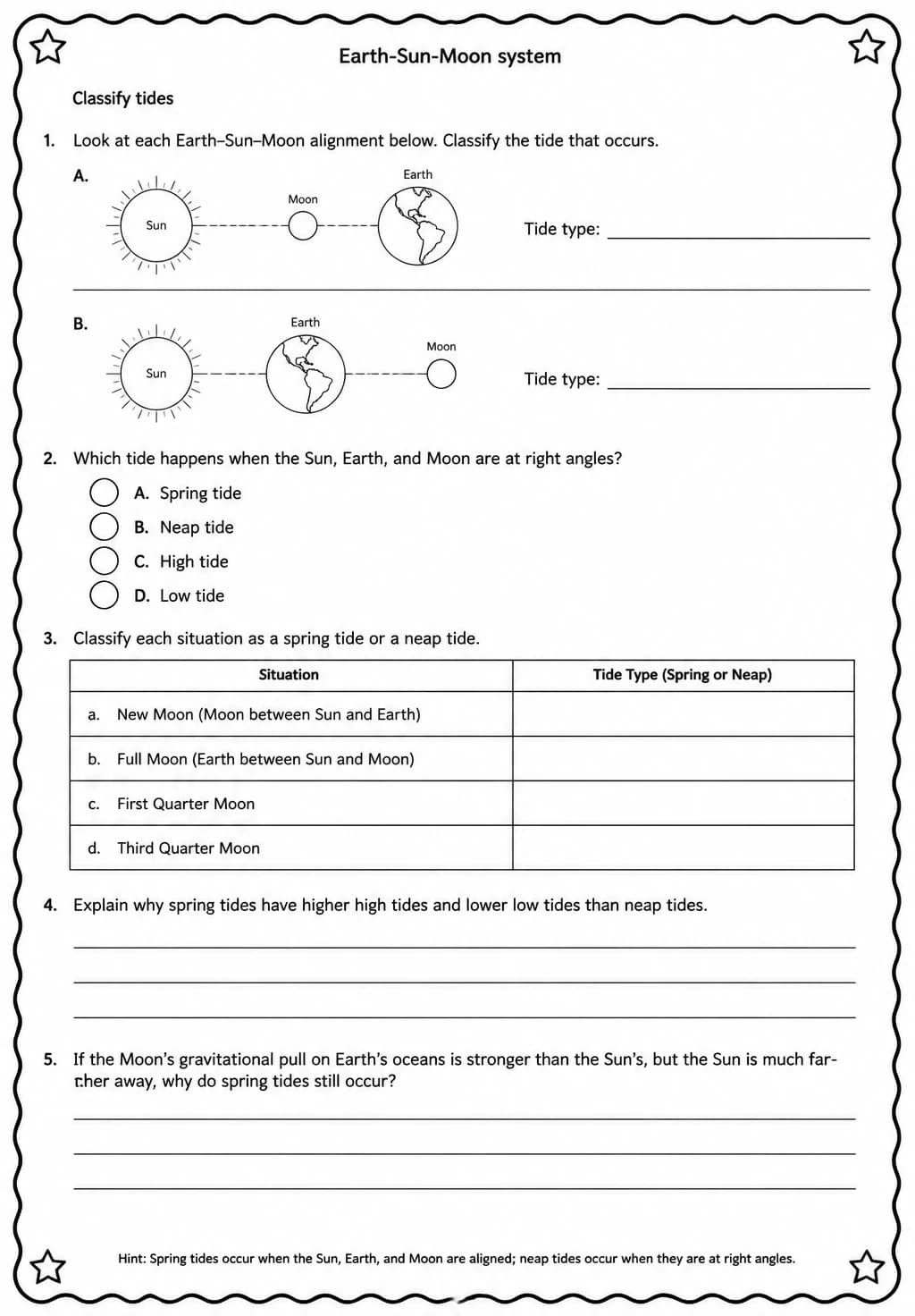 Classify tides — free printable Middle School Science worksheet