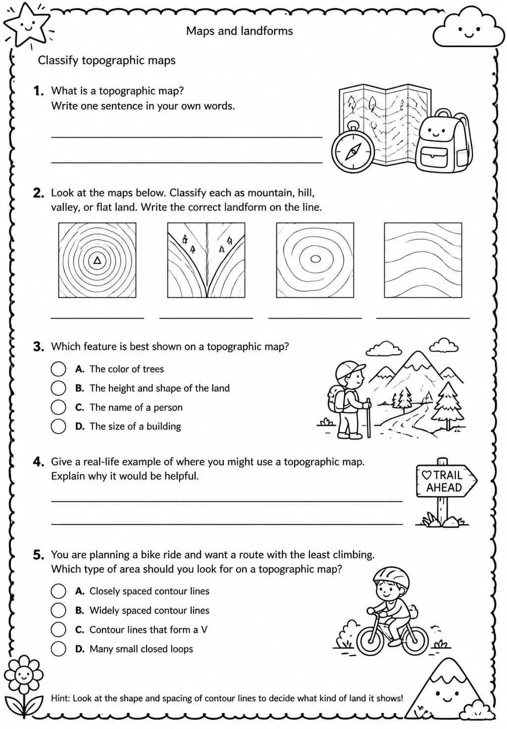 Classify topographic maps — free printable Grade 4 Science worksheet