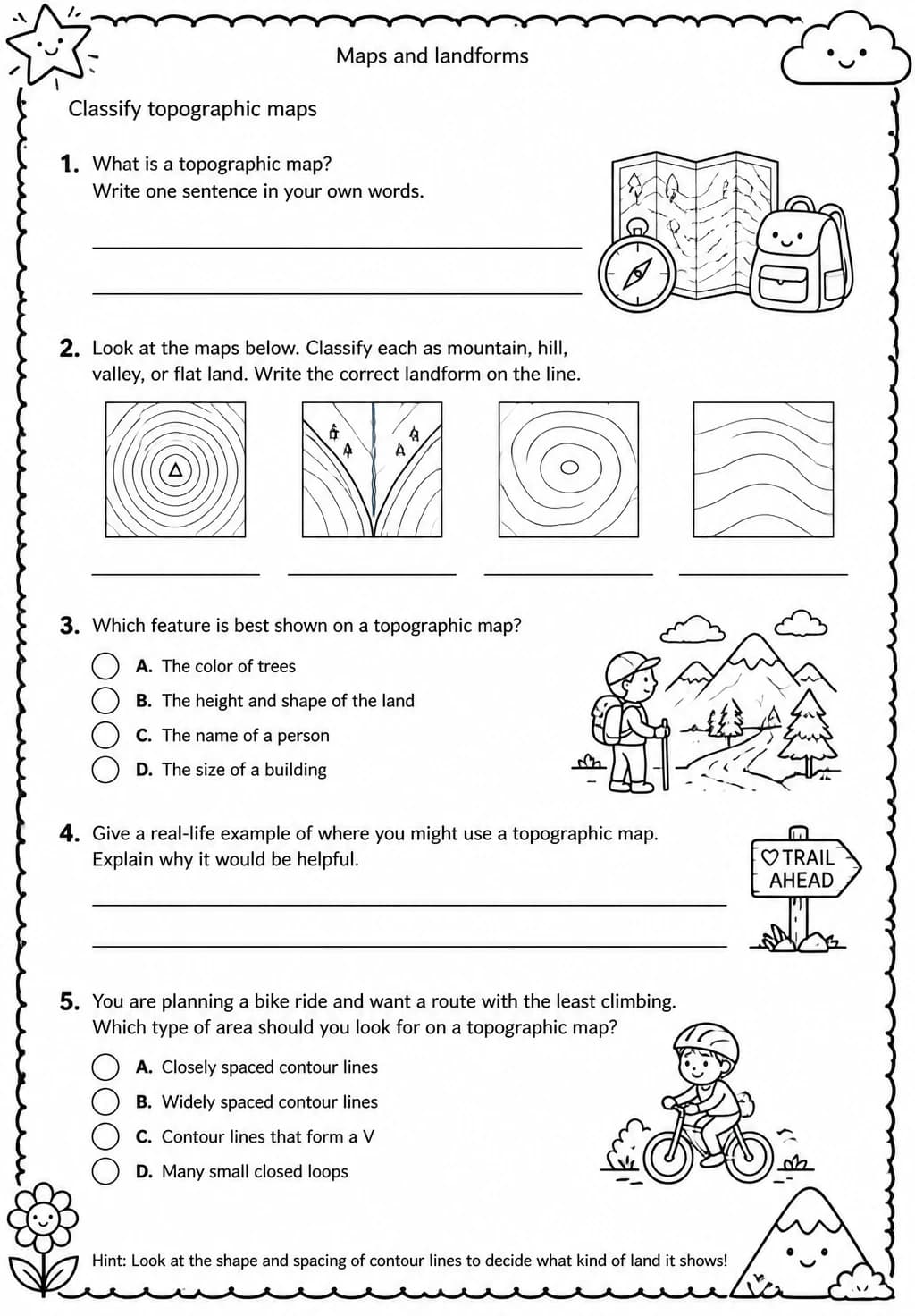 Classify topographic maps — free printable Grade 4 Science worksheet