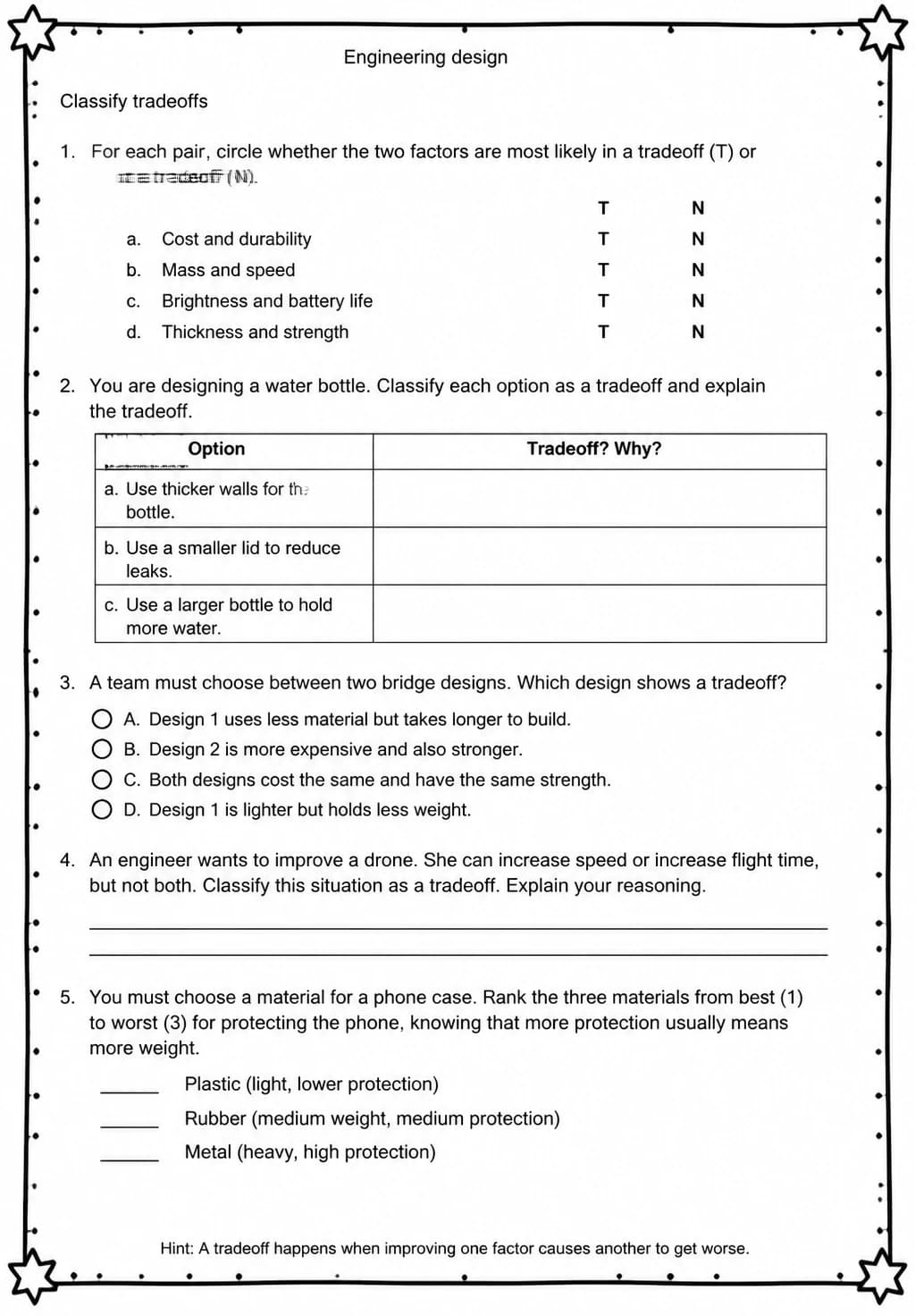 Classify tradeoffs — free printable Middle School Science worksheet