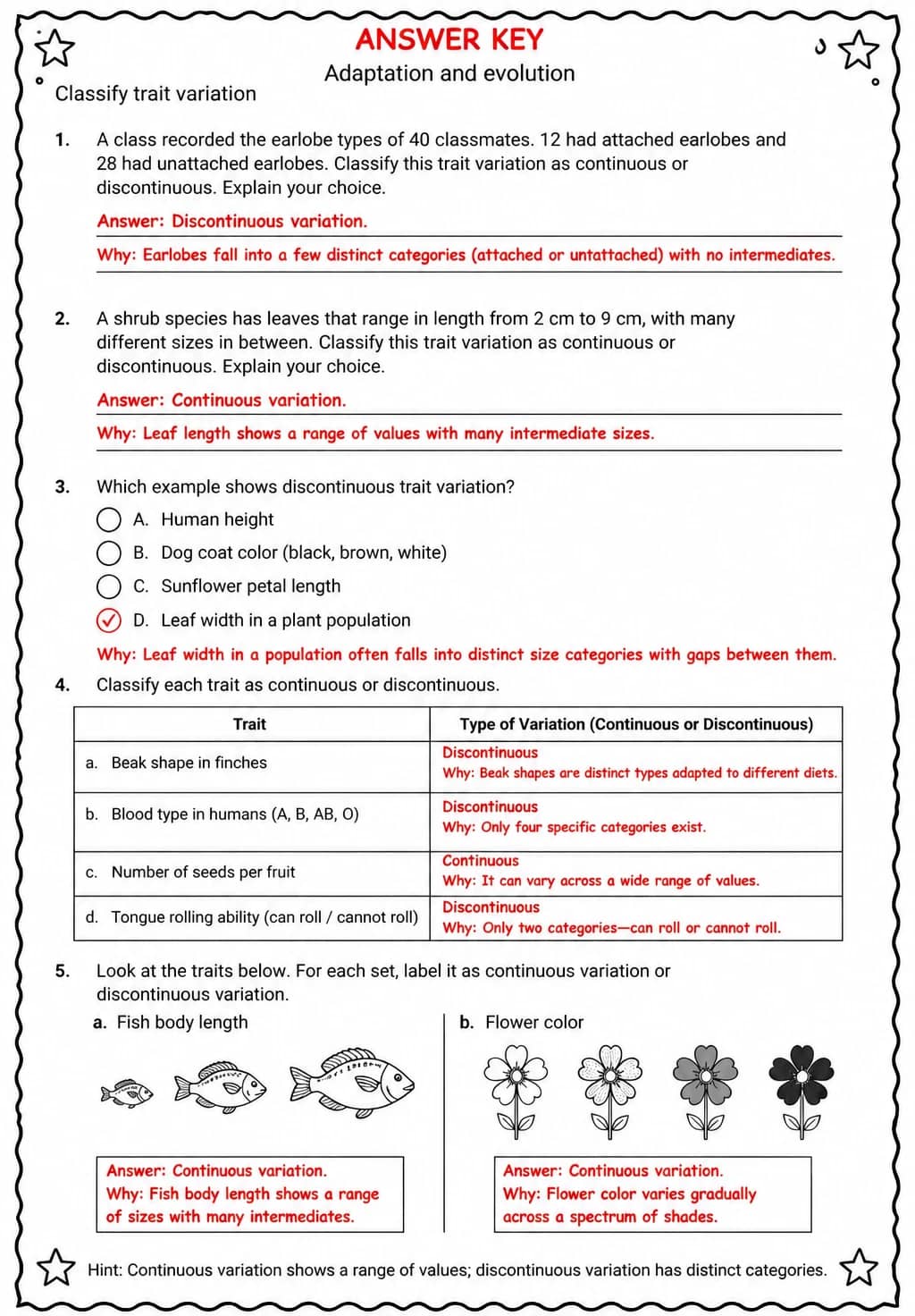 Answer key for Classify trait variation — free printable Science worksheet