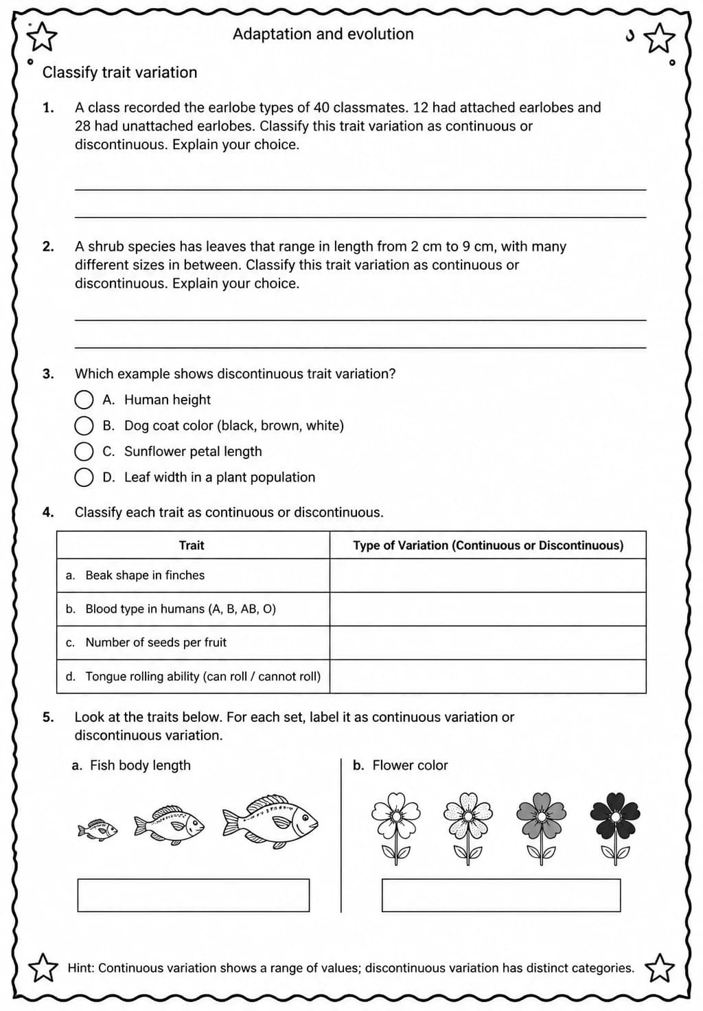 Classify trait variation — free printable Middle School Science worksheet