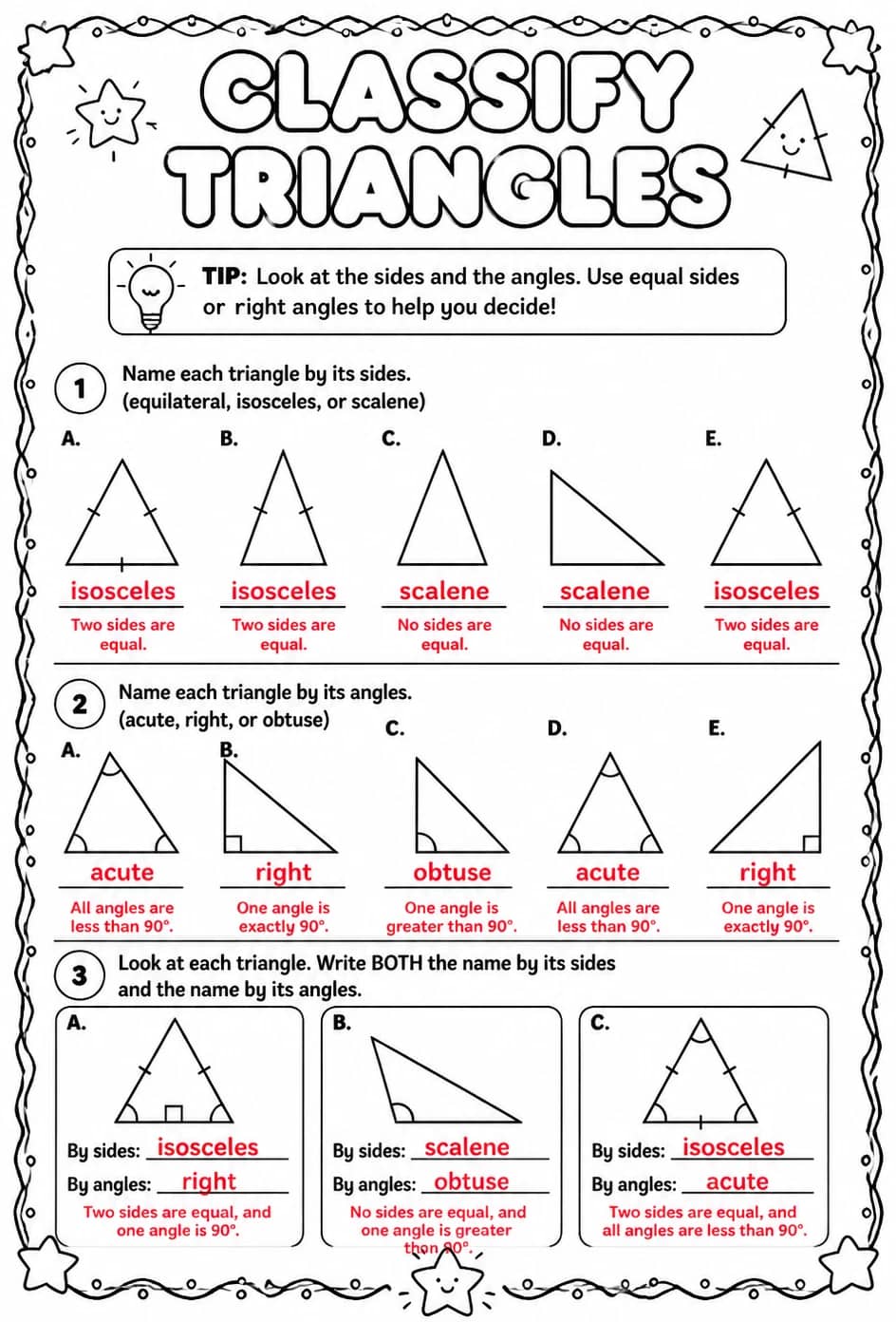 Answer key for Classify triangles — free printable Math worksheet