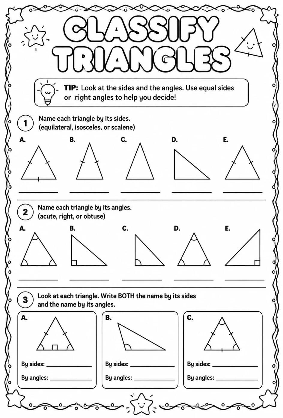 Classify triangles — free printable Geometry math worksheet