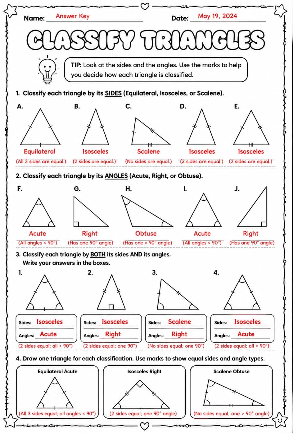 Answer key for Classify triangles — free printable Math worksheet
