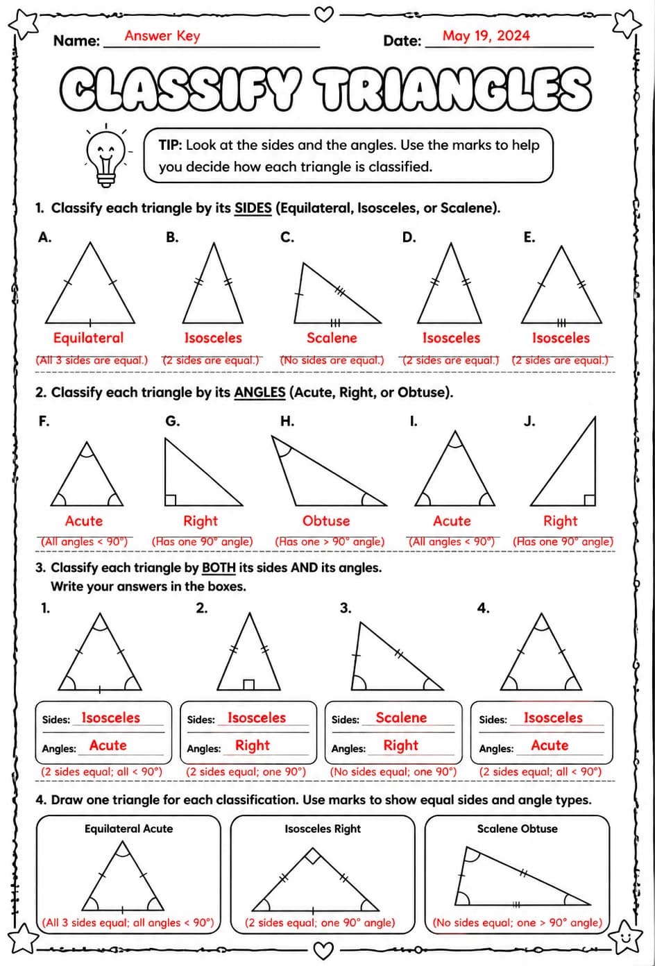 Answer key for Classify triangles — free printable Math worksheet