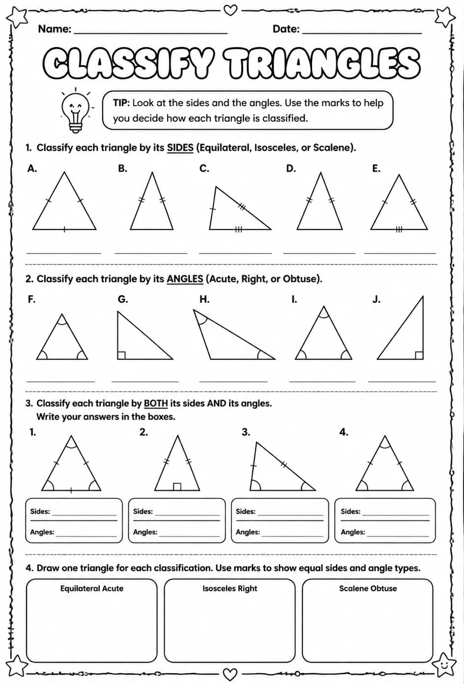 Classify triangles — free printable Grade 4 math worksheet