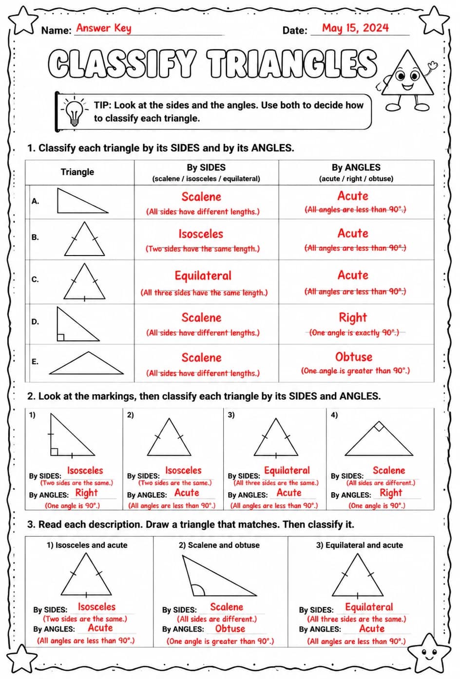 Answer key for Classify triangles — free printable Math worksheet