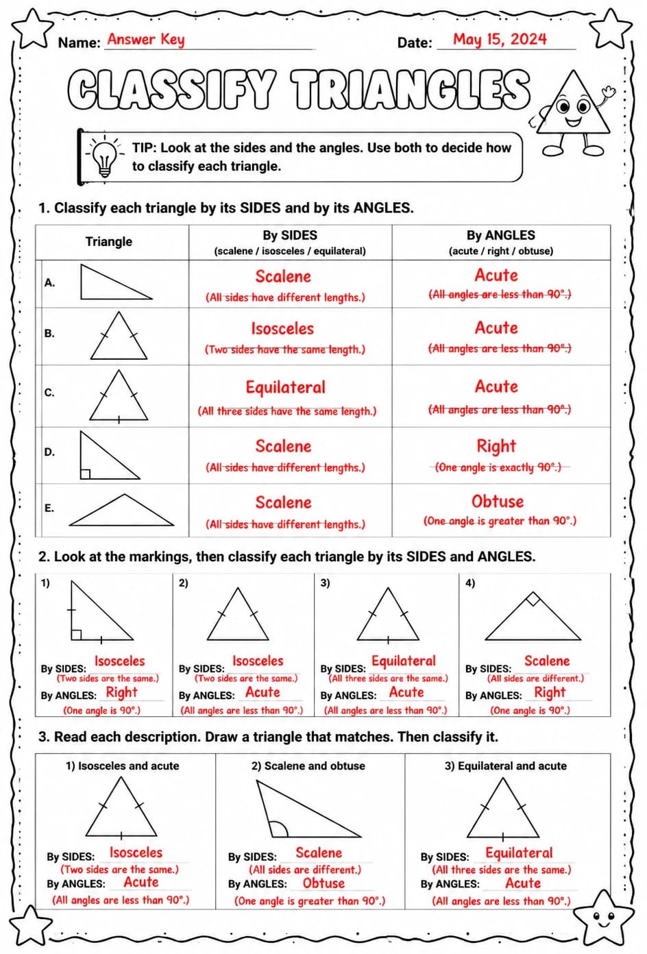 Answer key for Classify triangles — free printable Math worksheet
