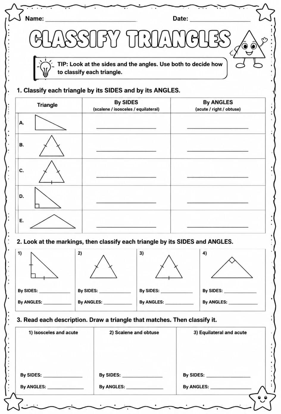 Classify triangles — free printable Grade 5 math worksheet