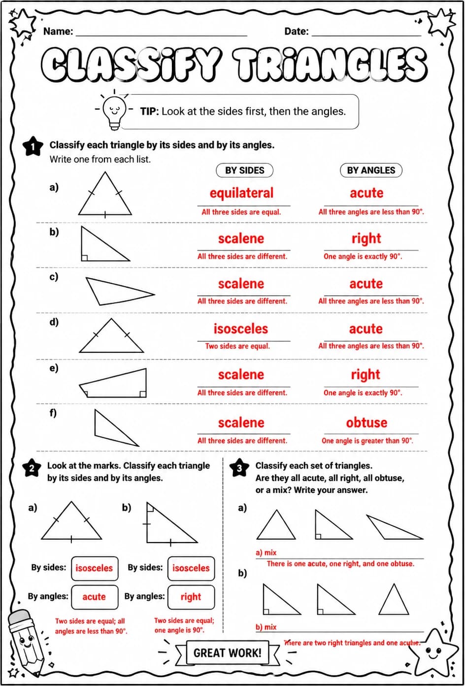 Answer key for Classify triangles — free printable Math worksheet