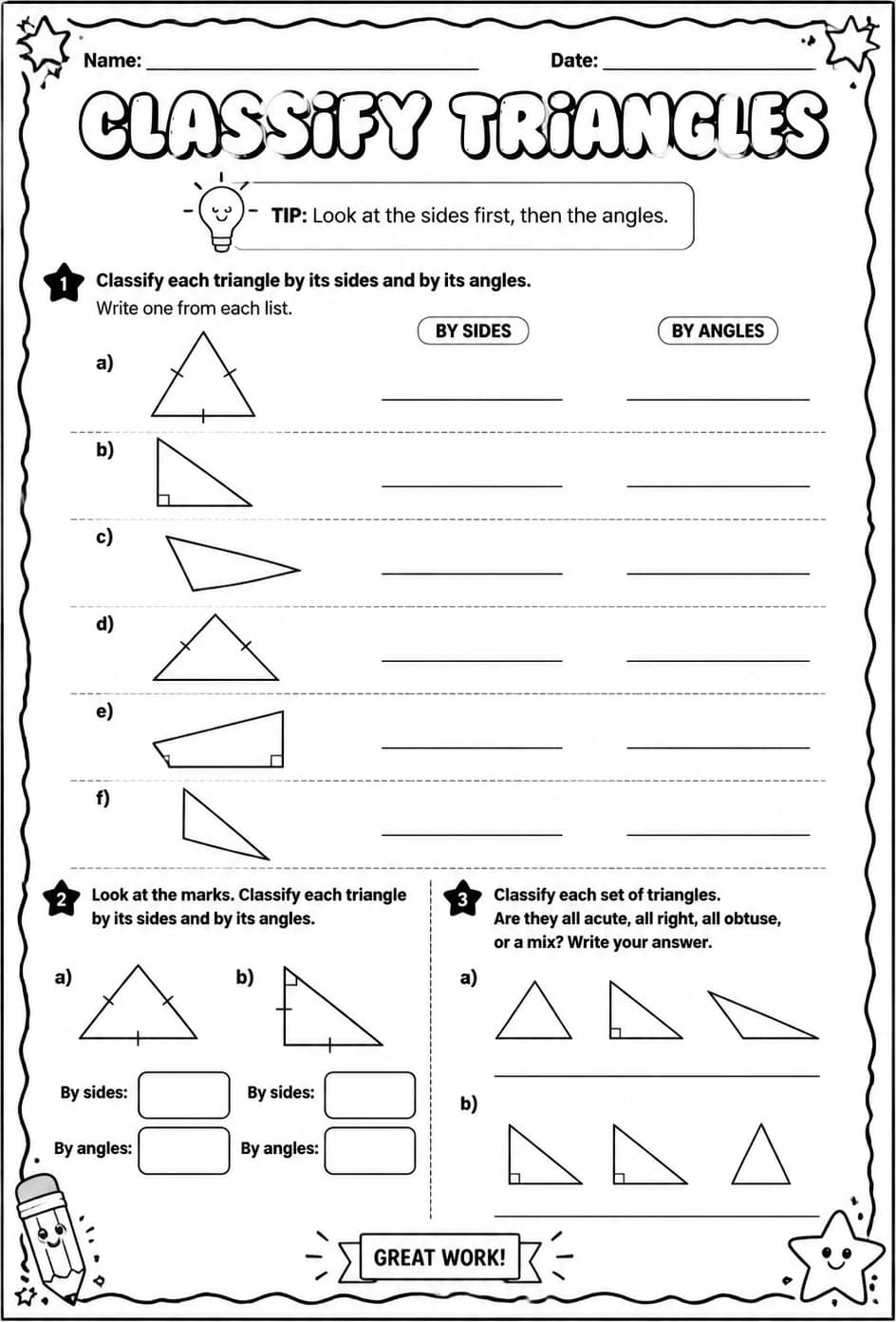 Classify triangles — free printable Grade 6 math worksheet