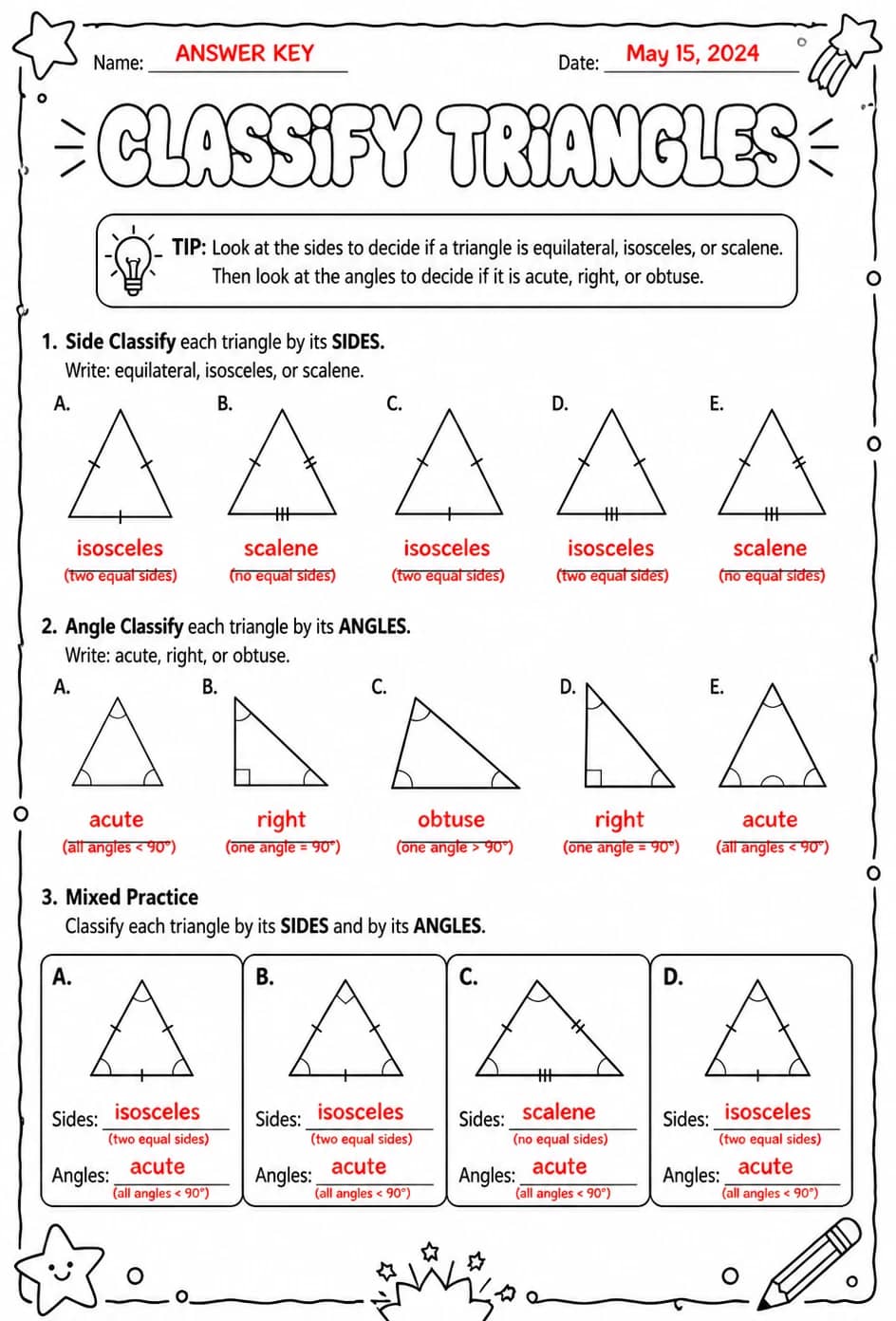 Answer key for Classify triangles — free printable Math worksheet