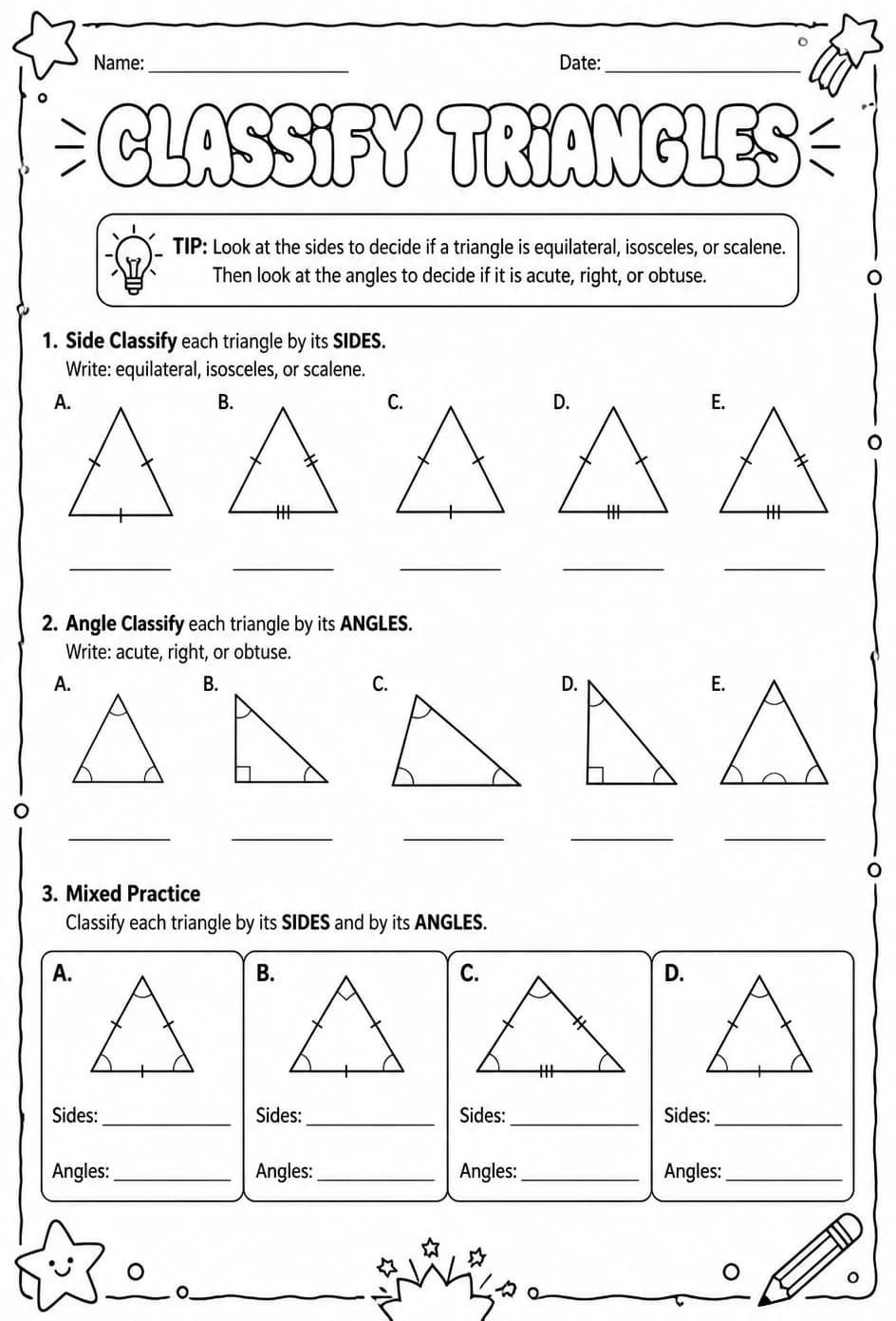 Classify triangles — free printable Grade 7 math worksheet