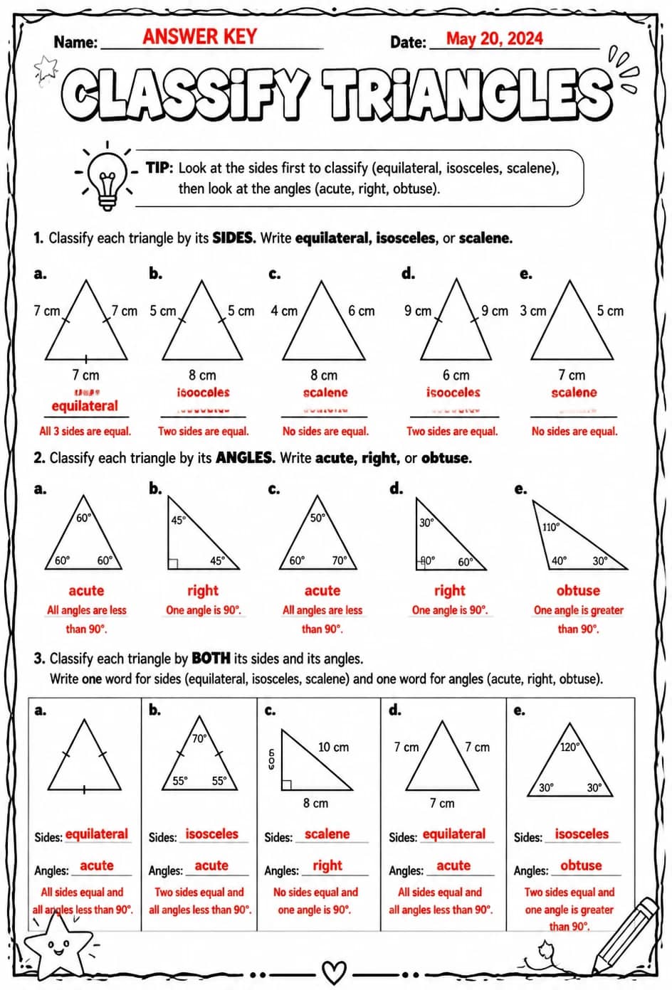 Answer key for Classify triangles — free printable Math worksheet